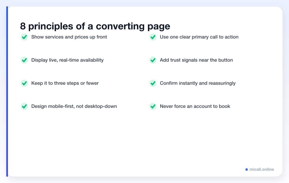 Checklist of eight design principles of a converting booking page