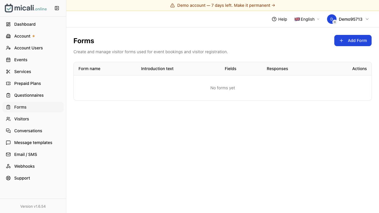 micali.online forms screen for creating booking forms