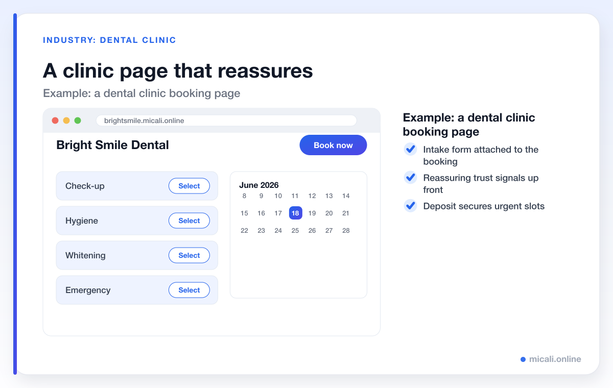 Example dental clinic booking page for Bright Smile Dental showing appointment types and available times