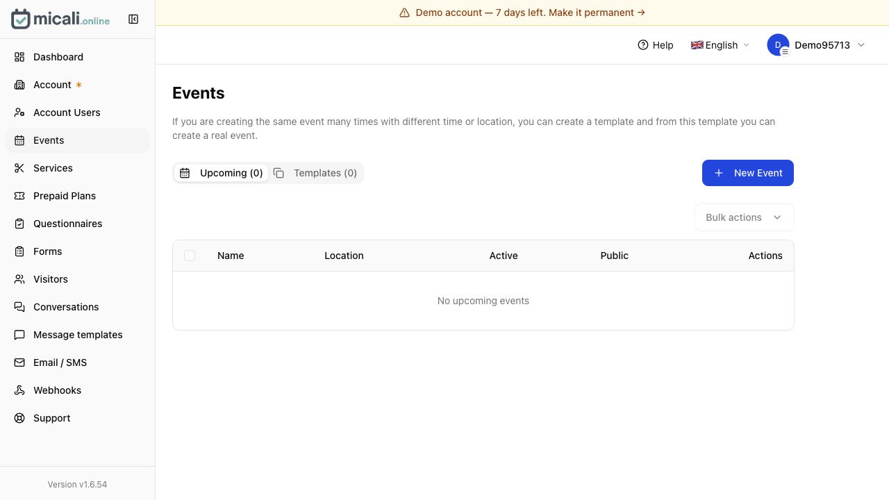 micali.online Events screen for classes, workshops and event templates