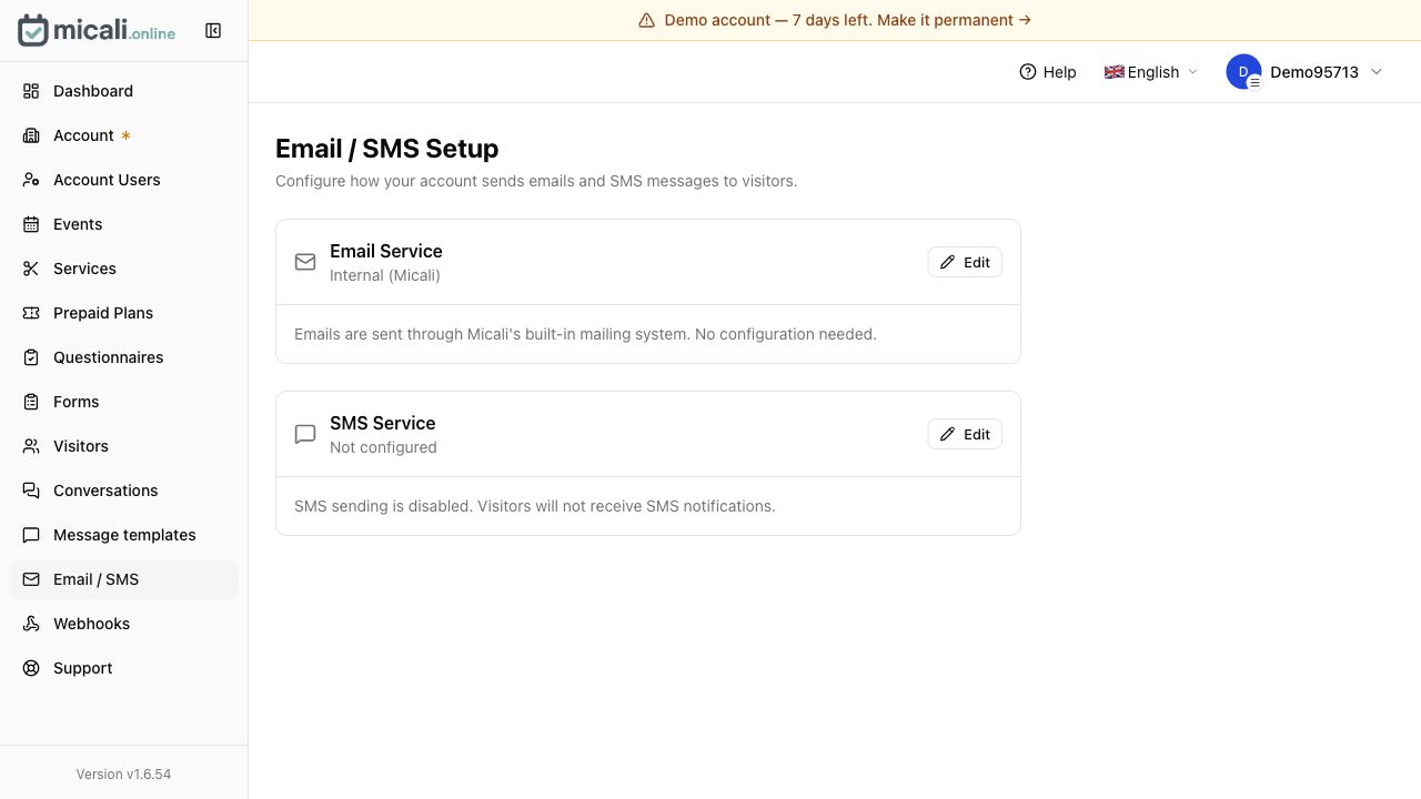 micali.online Email and SMS setup screen