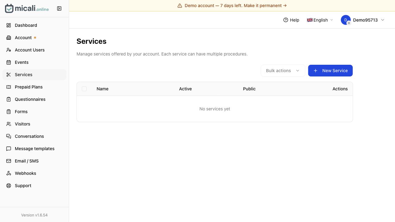 micali.online services screen for creating and managing bookable services