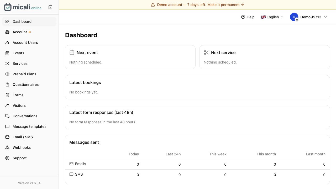micali.online dashboard showing booking overview, navigation, bookings and message stats