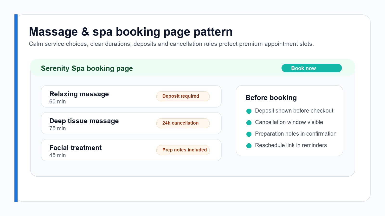 Massage and spa booking page pattern with services, deposits and cancellation notes
