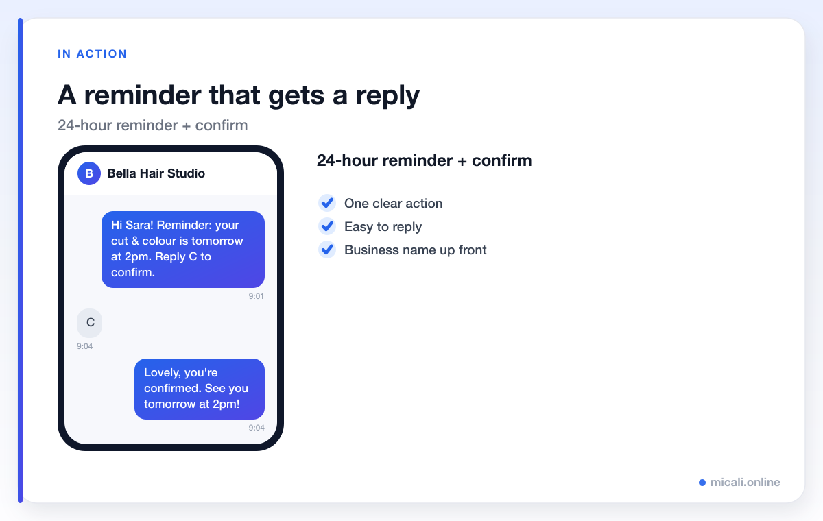 Phone showing a booking reminder text with the client replying to confirm