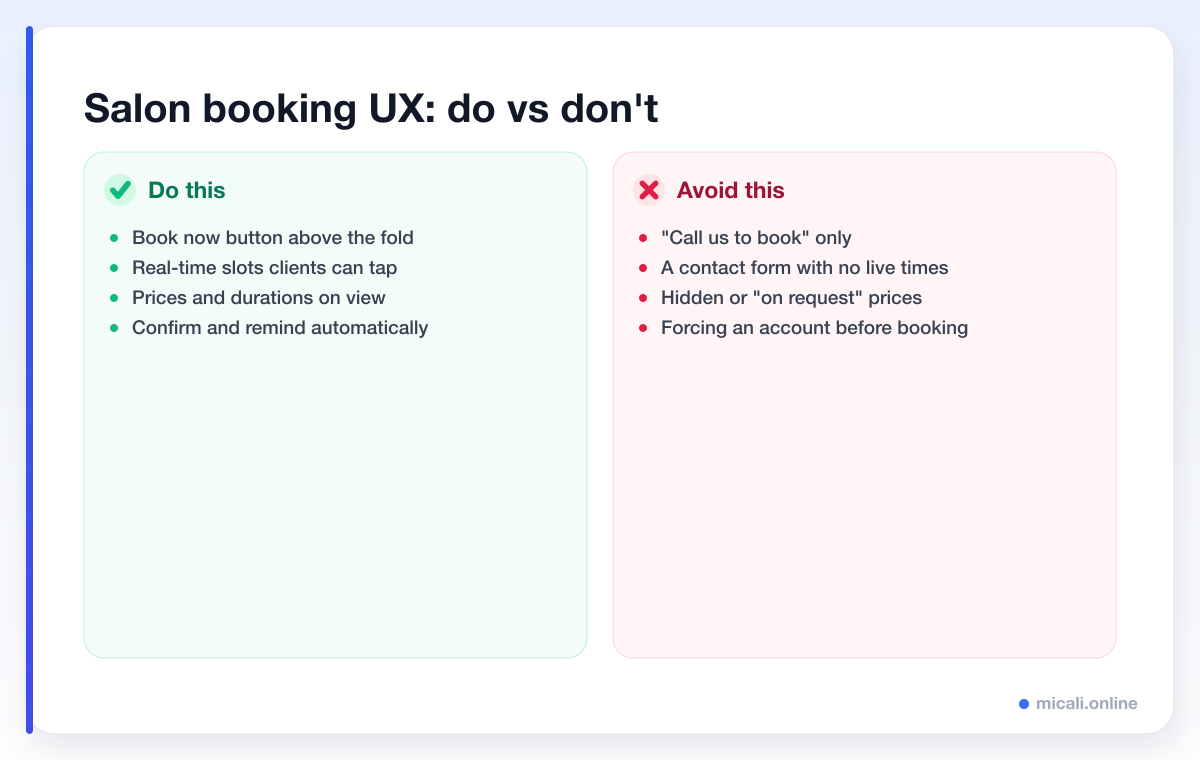 Comparison of salon booking UX do's versus don'ts