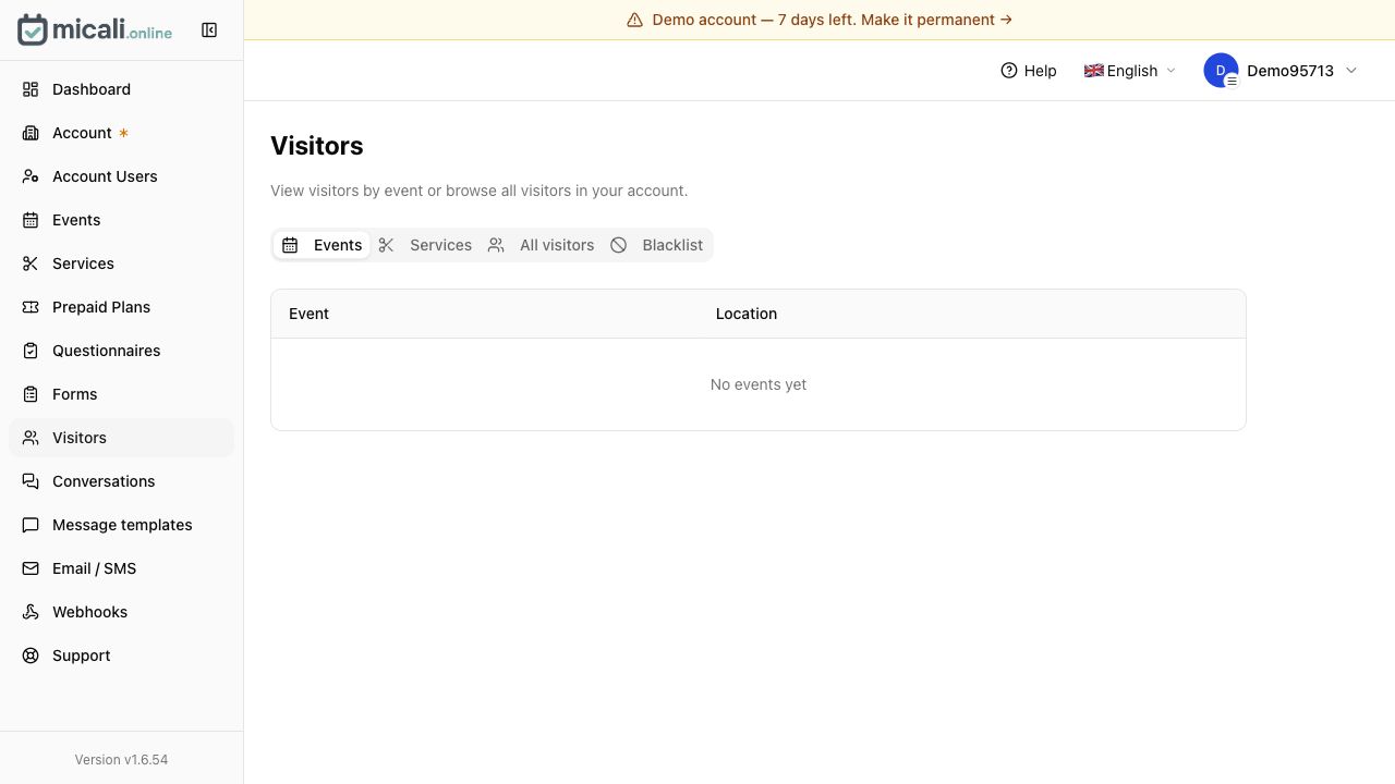 micali.online Visitors screen with Events, Services, All visitors and Blacklist tabs