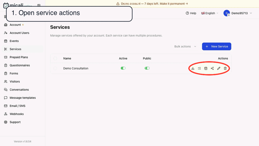 Animated micali.online walkthrough showing where to click when creating service availability and event dates