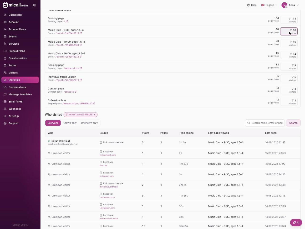 micali.online lankytojų sąrašas, rodantis, kas peržiūrėjo puslapį, jų įrenginį, šaltinį ir laiką svetainėje
