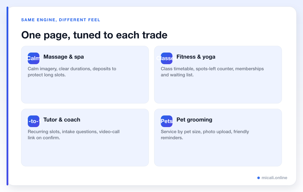 Four booking page styles tuned to different industries