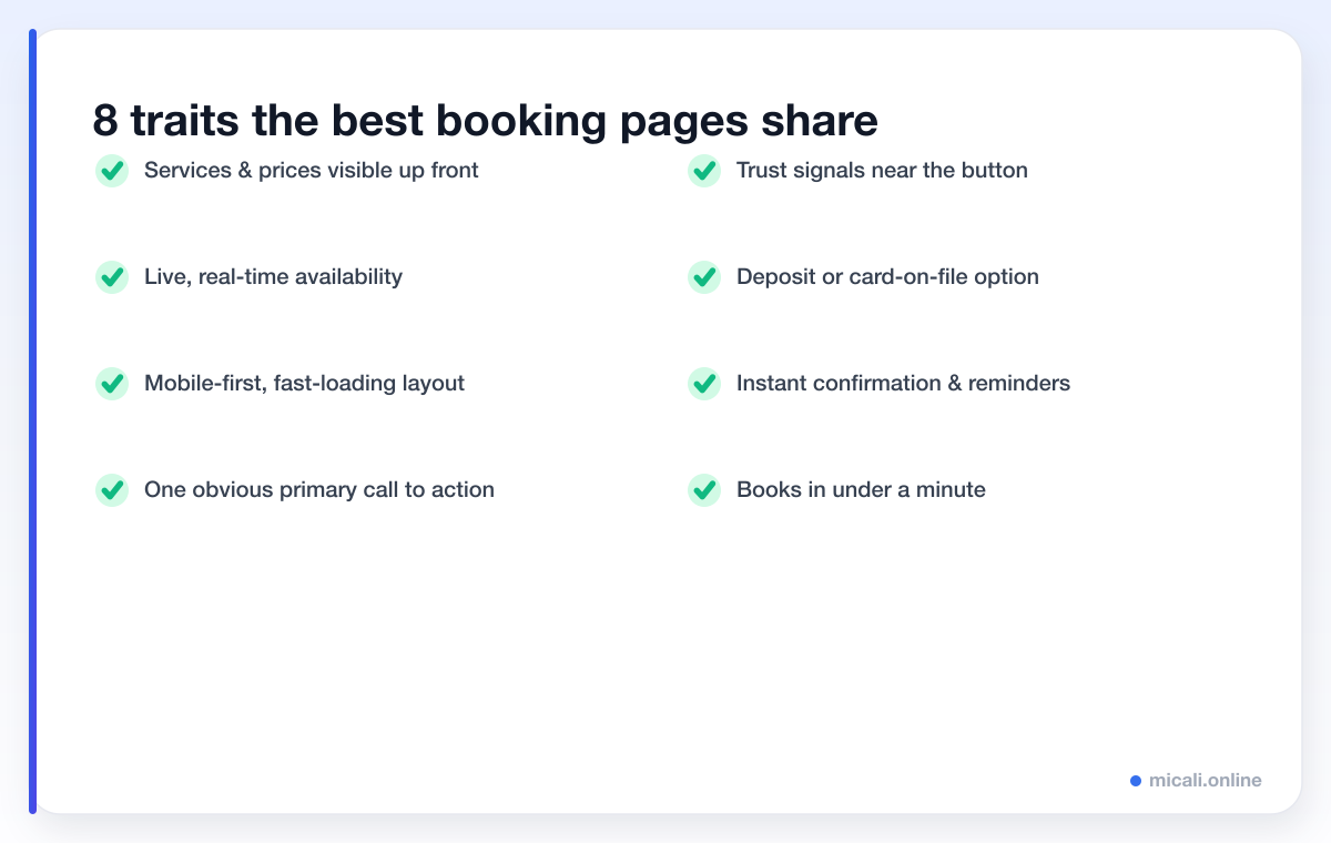 Checklist of eight traits the best online booking pages share